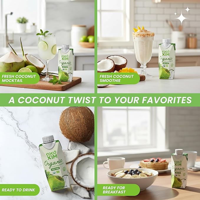 COCOXIM Ready to Drink Organic Coconut Water - 11 oz (Pack of 12) | Zero Added Sugar| 100% Natural &amp Fresh with Electrolytes &amp Nutrients | Halal &amp Kosher Certified | Alternative to Soda S