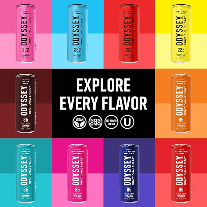 Odyssey Functional Energy Drink for Focus Cognition &amp Mood Support 12 Pack - Adaptogenic Drink with 85mg Green Tea Caffeine Lion’s Mane Cordyceps L-Theanine &amp Ginseng Sparkling Cola