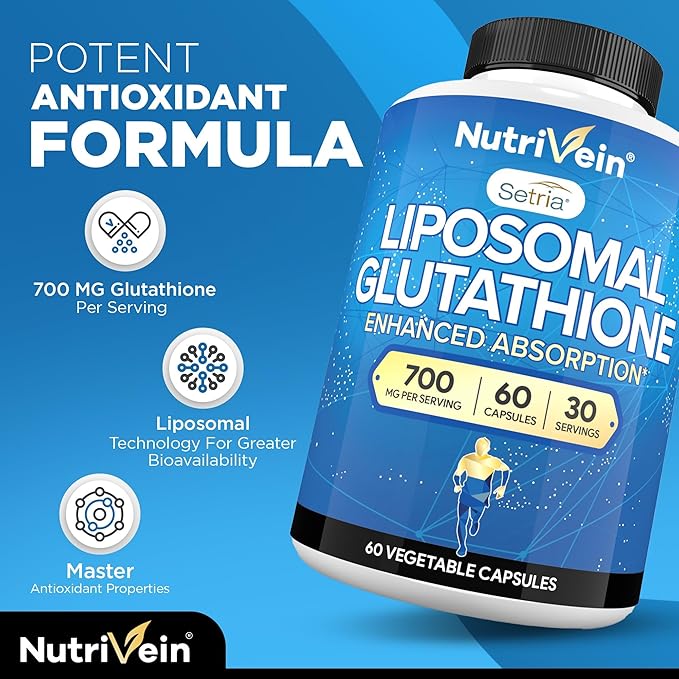 Nutrivein Premium Liposomal Glutathione Supplement 700 mg - 60 Caps - Pure Reduced Glutathione Setria - Master Antioxidant - Cell Protection Cleansing Liver Brain Vitality and Defenses