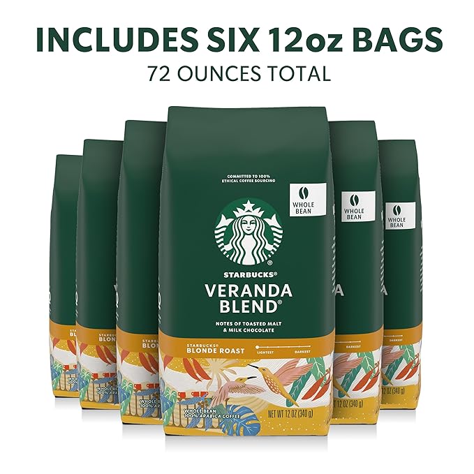 Starbucks Whole Coffee Beans Starbucks Blonde Roast Hot or Iced Coffee Veranda Blend Six 12 oz Bags