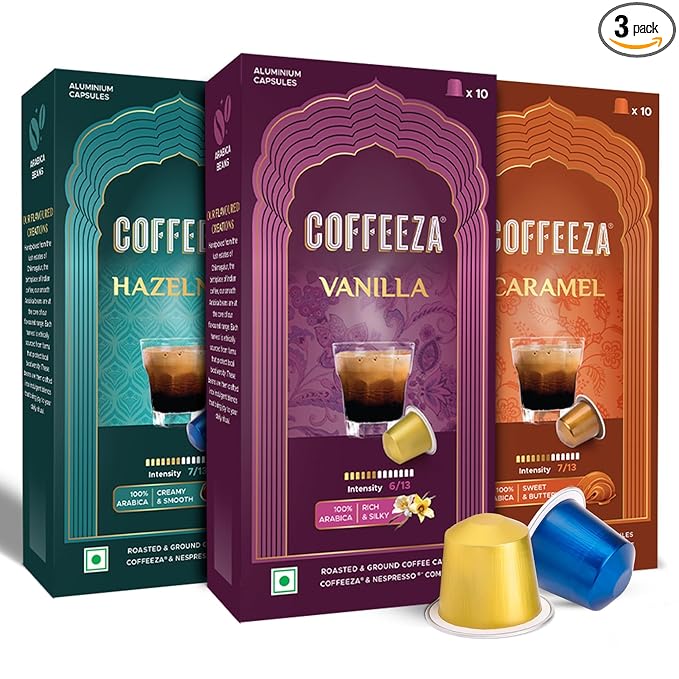 Coffeeza Flavoured Variety Pack Aluminium Coffee Capsules Caramel Hazelnut and Vanilla (30 Pods)