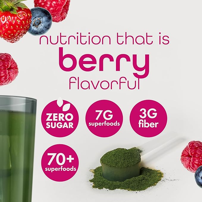 Zena Nutrition Liquid Collagen Peptides and Biotin Mixed Berry 20.3 Fl Oz + Organic Supergreens Greens Powder 70+ Superfoods Mixed Berry 30 Servings