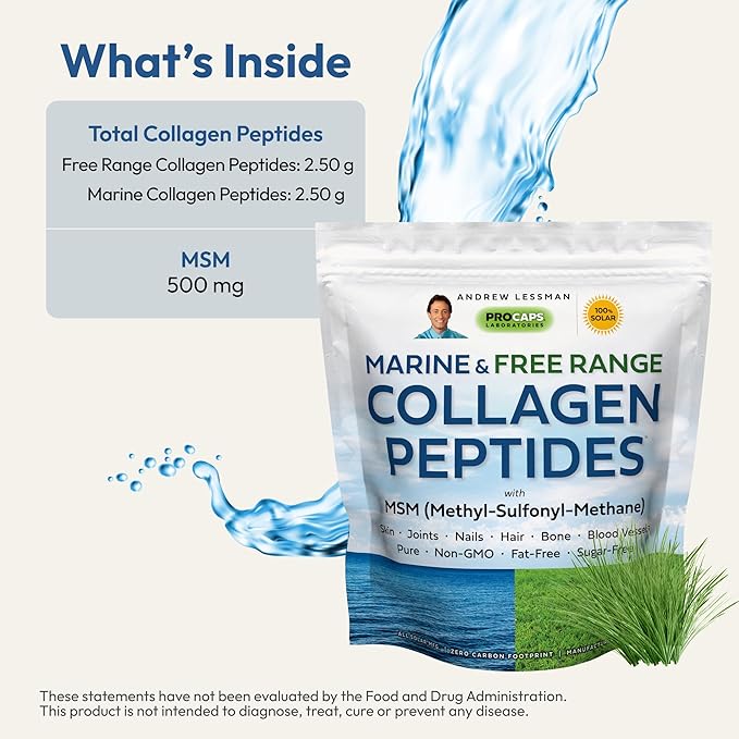 ANDREW LESSMAN Marine Free Range Collagen Peptides Powder and MSM 240 Servings - Supports Radiant Smooth Soft Skin Comfortable Joints. Super Soluble No Fishy Flavor No Additives Non-GMO