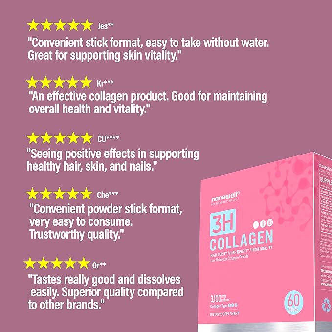 NANOWELL 3H Collagen Peptide Powder - Types I II &amp III with Vitamin C Hydrolyzed Elastin Peptide &amp Hyaluronic Acid - Supports Hair Skin Nails Joints &amp Bones - 60 Sticks 30 Day Suppl