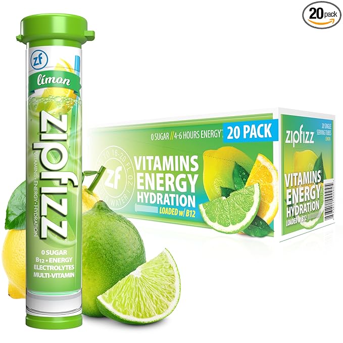 Zipfizz Daily Energy Drink Powder Limon 20 Pack | 3-in-1 Sustained Energy Rapid Hydration and Essential Vitamins | Sugar-Free | Electrolyte Powder | Contains Vitamin B-12 &amp Antioxidants