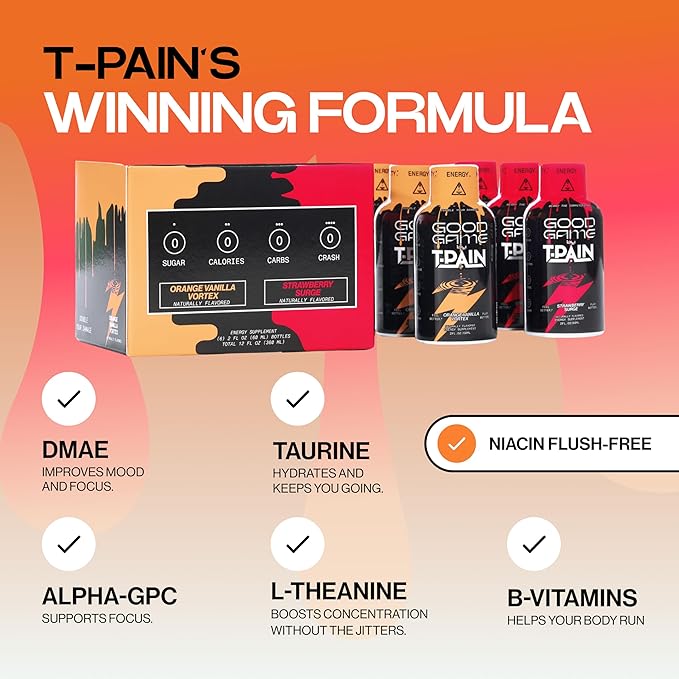 Nappy Boy Dranks Good Game by T-Pain Energy Shot 2oz (6 Pack) Sugar-Free Zero Calorie Focus Drink with 200mg Caffeine and B-Vitamins (B3 B6 B12) - Clean No-Crash Energy Boost 3 Orange Vanilla V