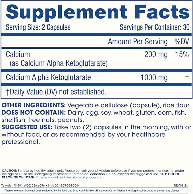 ProHealth Ca AKG Supplement (Alpha Ketoglutarate) (1000 mg per 2 Capsule Serving 60 Capsules). Supports Metabolic Function and Healthy Aging Processes.