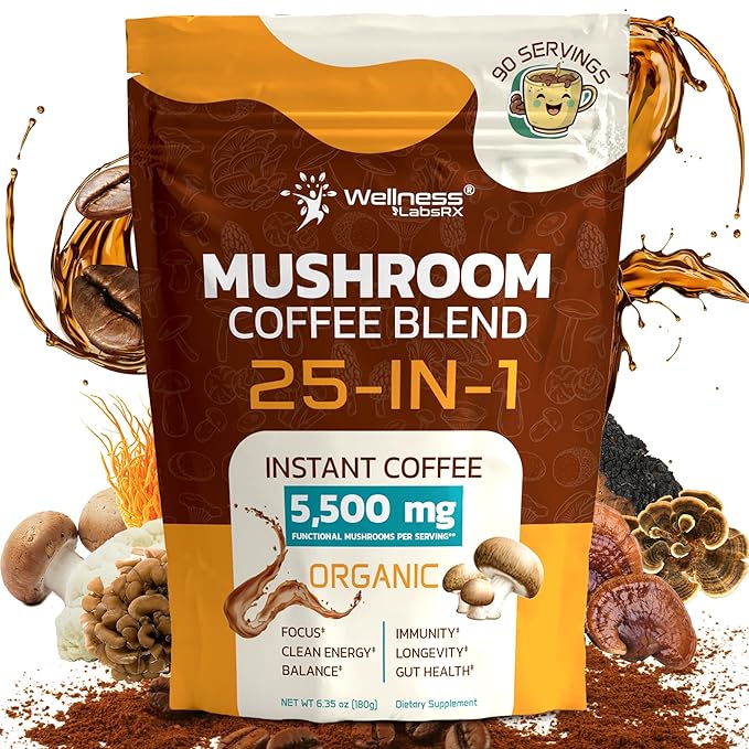 Mushroom Coffee Organic Instant Coffee 25-in-1 Third-Party Tested Keto Friendly Lions Mane Supplement with Functional Mushrooms – Shiitake Reishi Lion’s Mane &amp More | Smooth Rich Flavor - 90