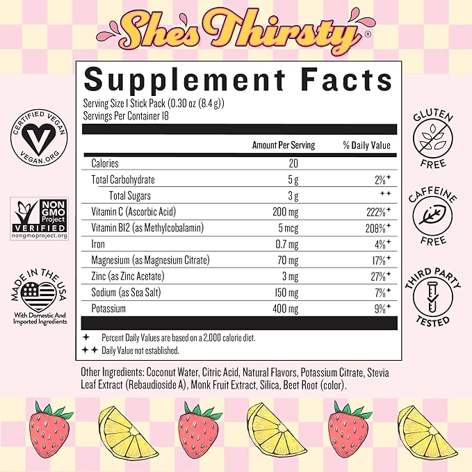 Legendairy Milk She’s Thirsty – Strawberry Lemonade No Sugar Added Electrolytes Powder Packets–Coconut Water Mix for Women Instant Hydration Packets Immune Support Pregnancy Safe 18 Ct