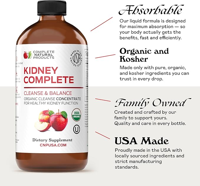 Complete Natural Products Kidney Complete - 16oz Liquid Dietary Supplement for Kidney Support Cleanse and Detox with Apple Cider Vinegar Lemon &amp Organic Chanca Piedra.