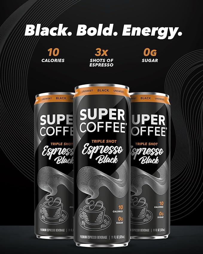 SUPER COFFEE Espresso Iced Keto Coffee (0g Added Sugar 10 Calories) [Triple Shot Black] 11 Fl Oz 12 Pack | Cold Brew Smart Coffee Drinks - SoyFree GlutenFree