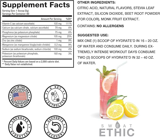 Sweat Ethic Hydrate’D Electrolytes Electrolyte Powder with Potassium Magnesium &amp Vitamin C Easy Mix Powder for Hydration &amp Performance Support Pink Lemonade Flavor 60 Servings