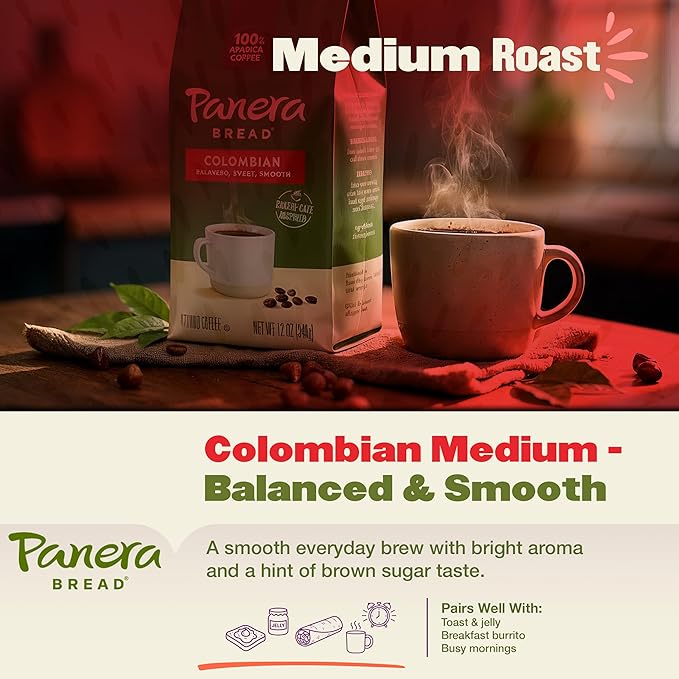 Panera Colombian Ground Coffee Medium Roast With Brown Sugar Hints - Smooth Balanced Everyday Brew 100% Arabica Beans Clean Label No Artificial Ingredients - Kosher Certified 12oz Bag Pack of 6 (7