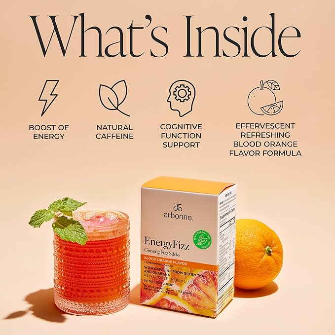 Arbonne Ginseng Energy Supplements - Blood Orange Flavor Fizz Sticks Energy Boost with Caffeine Powder from Guarana and Green Tea Delicious Alternative to Caffeine Pills