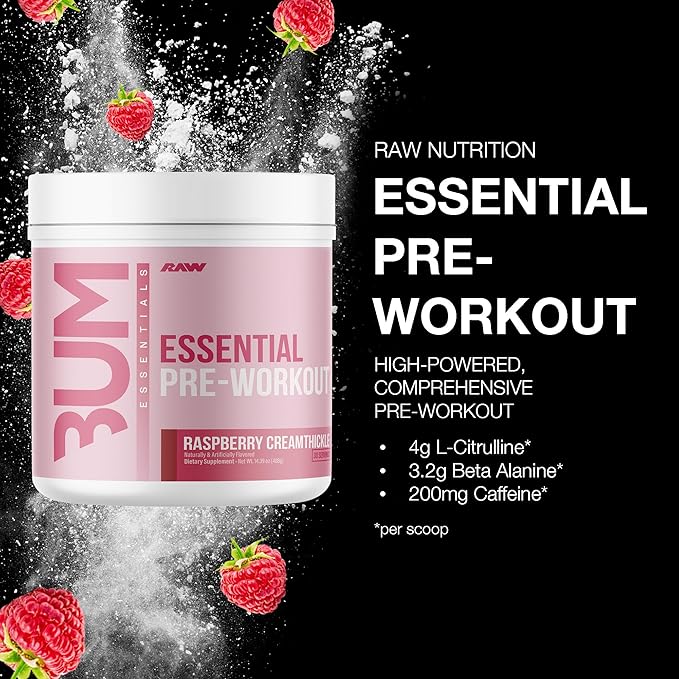 RAW Essential Pre-Workout Powder (Rasberry Creamthickle) - Chris Bumstead Sports Supplement for Men &amp Women - Preworkout Energy Powder with Caffeine L-Citrulline L-Tyrosine &amp Beta Alanine B