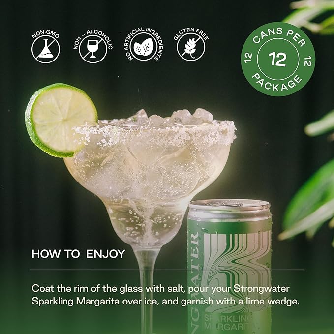 Strongwater Sparkling Non Alcoholic Margarita to Go - 12 Pack Cans (8.4 Fl Oz Each) Virgin Margarita Mocktail - Ready to Drink Nonalcoholic Cocktail with Lime Juice Agave &amp Nothing Artificial