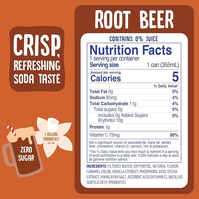 Cove Probiotic Soda Zero Sugar Better-For-You Alternative - Refreshing Delicious Probiotic Drink No Synthetic Colors &amp Caffeine Free - Root Beer 12 Pack