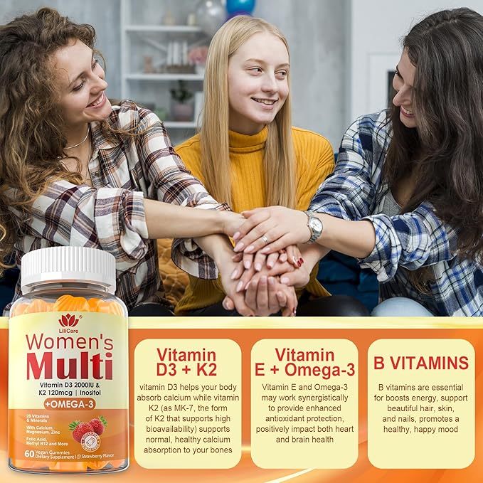 Womens Multivitamin Gummy with Omega 3（DHA/EPA) Vitamin D3 K2 Calcium Inositol Daily Womens Vitamin A C E B Complex L-MethylFolate Methyl B12Sugar Free Methylated Multivitamins Minerals 60Cts