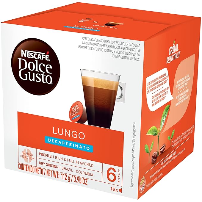 Nescafe Dolce Gusto Coffee Pods Lungo Decaffeinato 16 capsules Pack of 3