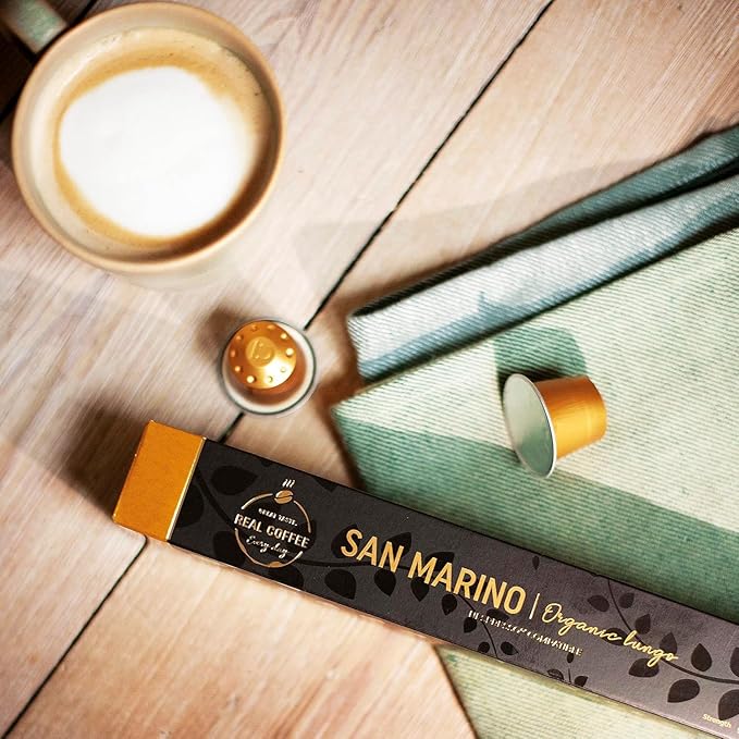 ‘San Marino’ Organic Italian Lungo for Nespresso | 100 Organic Aluminum Capsules | Eco-Friendly Medium Roast | 100% Nespresso Compatible Pods | Fairtrade