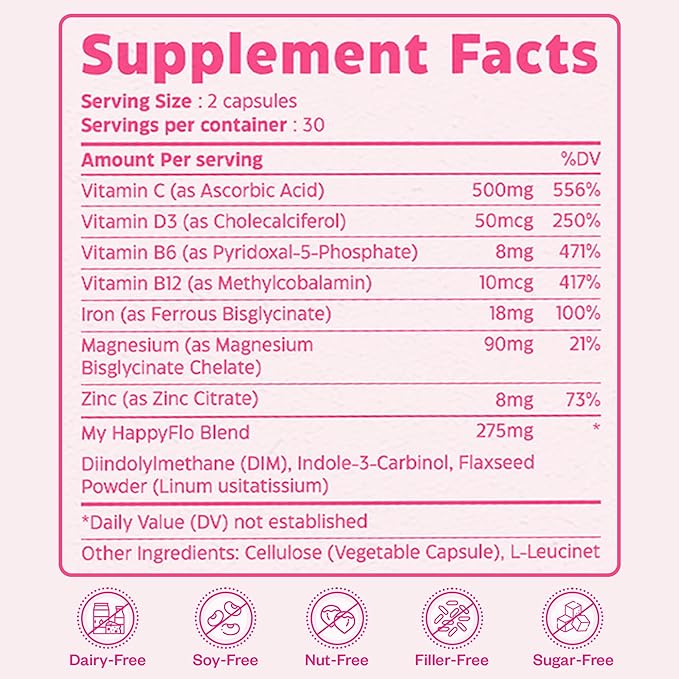 My Happy Flo PMS Support Supplement for Women with Iron PMS Relief Hormone Support for Women 10-in-1 PMDD Supplements for Women | DIM &amp I3C Indole-3-Carbinol for Cramp Relief Heavy Flow - 60 Ca