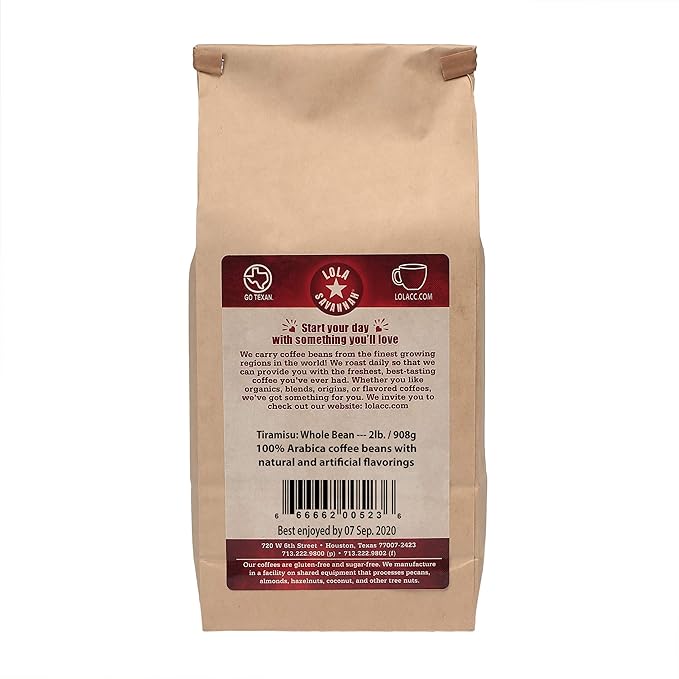 Lola Savannah Tiramisu Whole Bean Coffee - Creamy Tiramisu Creates an Italian Celebration in Every Cup | Caffeinated | 2lb Bag