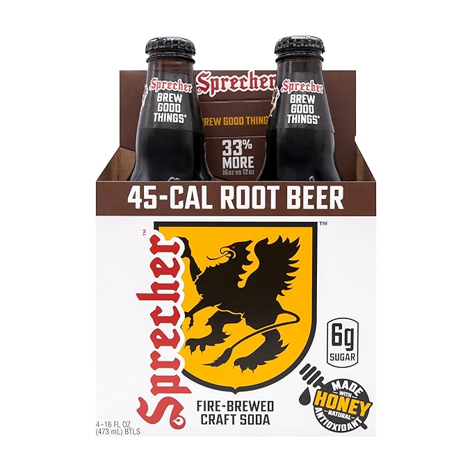 Sprecher Low Cal Root Beer in 16 fl oz Glass Bottles (24 Pack) Fire Brewed Low Calorie Craft Root Beer with Real Honey Naturally Flavored Gourmet Soft Drink