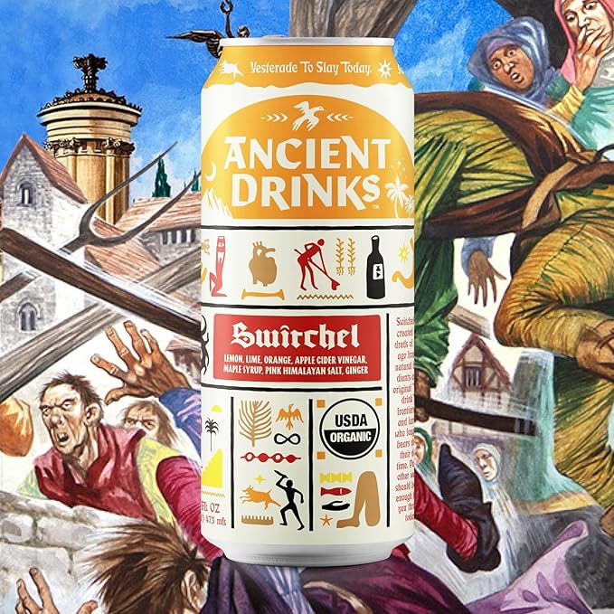 ANCIENT DRINKS Switchel Apple Cider Vinegar Drink – Organic Electrolyte Hydration Beverage with Probiotics – Ginger Citrus ACV Sports Drink – 16 oz Cans 12 Pack