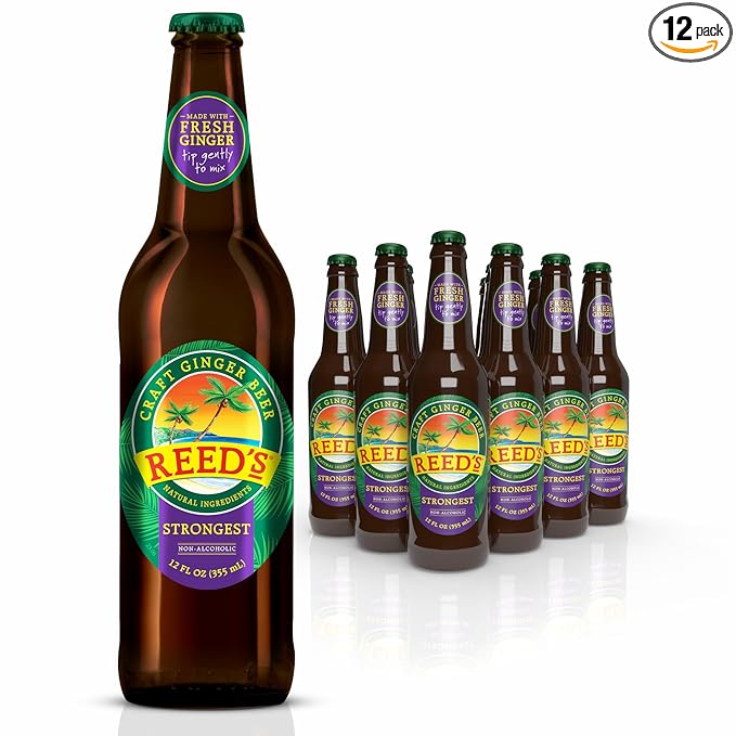 Reed's Strongest Ginger Beer - 3x Fresh Ginger Root for Intense Spice - 12oz Glass Bottles 12 Pack