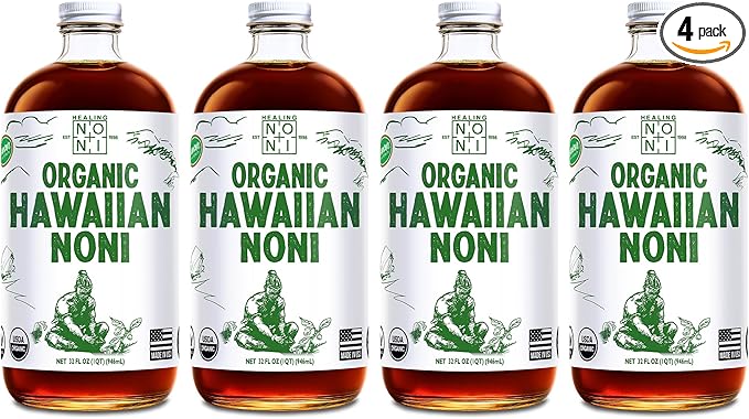 Healing Noni - 100% Pure Noni Juice - USDA Organic Full Strength Wellness Drink Hawaiian-Grown Superfood - (32oz 4 Pack)