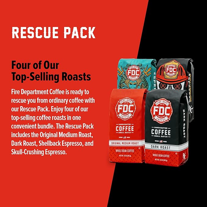 Fire Department Coffee - Gives Back to Firefighters - Rescue Variety Pack - Whole Bean Coffee - Medium Dark Shellback Espresso &amp Skull Crushing Espresso Beans - Veteran Owned (12oz Pack of 4)