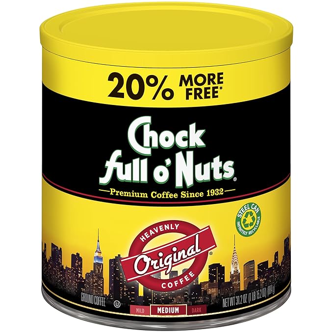 Chock Full o’Nuts Original Roast Ground Coffee Medium Roast (31.2 Oz. Can) - Coffee Beans - Smooth Full-Bodied Medium Blend with A Rich Flavor