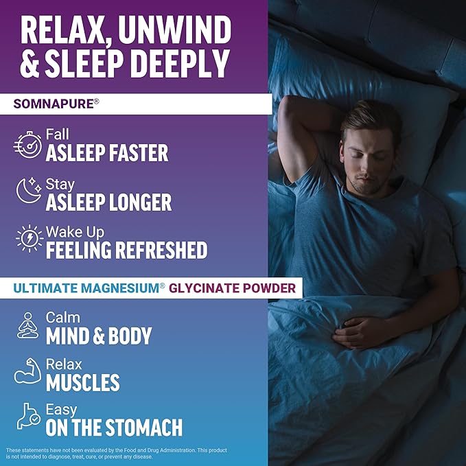 Bundle of Force Factor Somnapure Drug-Free Sleep Aid for Adults for with Melatonin &amp Valerian 60 Tablets + Force Factor Ultimate Magnesium Glycinate Powder 300mg Raspberry Lemon 30 Servings