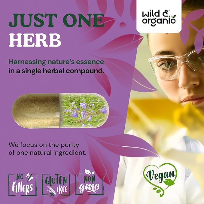 Wild &amp Organic Skullcap Capsules 1200 mg - Relaxing Skullcap Herb Supplement - 60 Capsules - Scutellaria Lateriflora Leaf Extract - 1-Month Supply - Vegan No Fillers Non-GMO