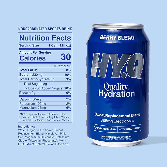HY.Q Hydration Drink Berry Blend 12 fl oz (12-Pack) Canned Sports Drink Quality Ingredients for Hydration Sweat Replacement Electrolytes Non-Carbonated Flavored Electrolyte Beverage