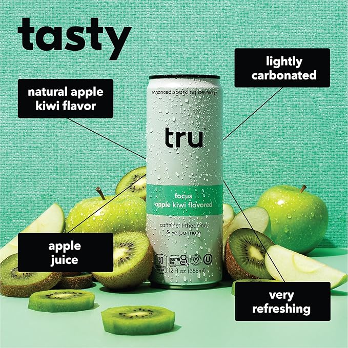 Tru Focus Seltzer Sparkling Water with Green Tea Extract Yerba Mate L Theanine &amp Real Apple Kiwi Juice Sweetened with Monk Fruit &amp Stevia Gluten Free Vegan Sugar Free 12 FL OZ Cans 12
