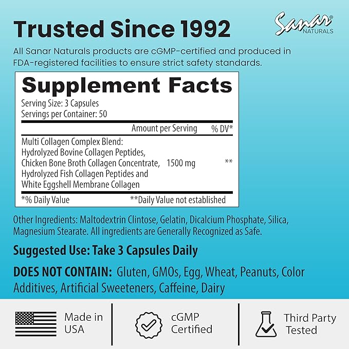 Sanar Naturals Multi Collagen Pills Type I II III V X | Extra Strength Hair Nail Skin Bone &amp Joint Support | Hydrolyzed Collagen Supplement for Women and Men | Non-GMO 150 Capsules