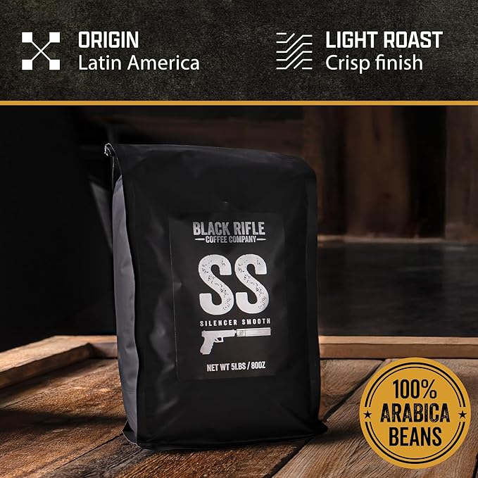 Black Rifle Coffee Company Silencer Smooth 5 lb Bag Ground Coffee Light Roast - Roasted Blend Made from Arabica Beans - Colombian &amp Brazilian Beans - Veteran Founded &amp American Made