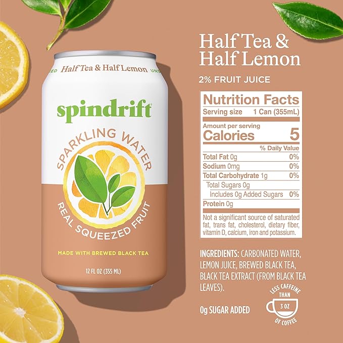 Spindrift Sparkling Water Half Tea &amp Half Lemon Flavored Made with Real Squeezed Fruit 12 Fl Oz Cans Pack of 24 (Only 5 Calories per Can)
