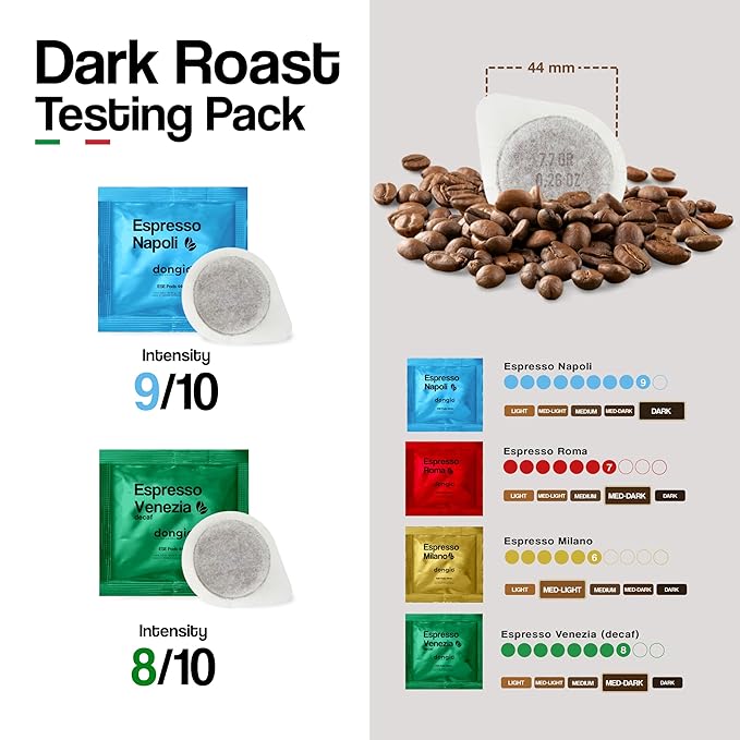 Dongiò Caffè Dark Roast Variety Pack – 100 Easy Serving Espresso Pods (ESE 44mm) – Napoli &amp Venezia – Roasted and Blended In Italy