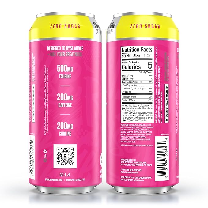 RYSE Fuel Energy Drink - Ring Pop Berry Blast - Sugar Free Gluten Free &amp Vegan - 200mg Natural Caffeine Taurine &amp Choline for Focus &amp Energy - No Artificial Colors - 16 fl oz Cans (12-Pa