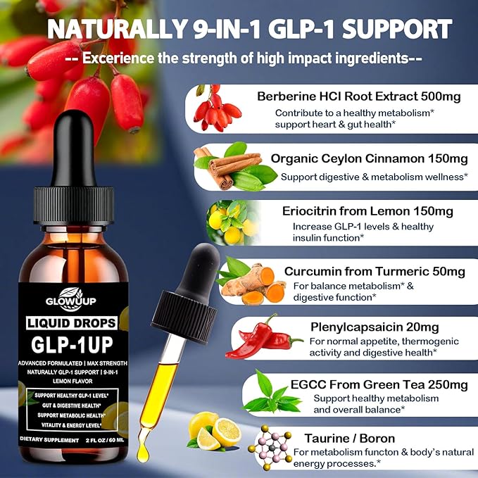 GLP-1 Supplement for Women &amp Men 9-in-1 Naturally GLP-1 Support w. Berberine HCI Cyelon Cinnamon Green Tea Eriocitrin GLP1 for Gut Digestion Metabolic GLP-1 Drops 6X Stronger Than Capsules