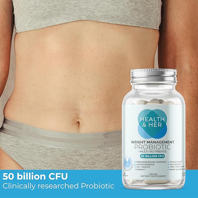 Health &amp Her Weight Management Probiotics for Women - Perimenopause &amp Menopause Supplement - Clinically Studied 50bn CFU Probiotics to Support Gut Health Energy Mood &amp Mind Vegan (60 ct