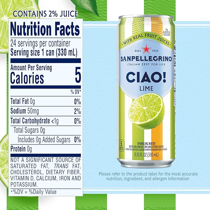 Sanpellegrino CIAO Lime Sparkling Water Low-Calorie Italian Sparkling Water with Real Fruit Juices 0g Added Sugar 24-Pack