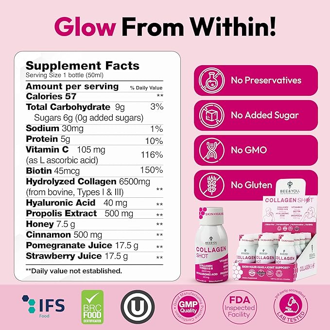 Bee and You Collagen Liquid Shot Drink with Vitamin C Propolis Extract Hyaluronic Acid Biotin Promotes Skin Hair Nail and Joint Health 1.69 fl. Oz x 12 Pack