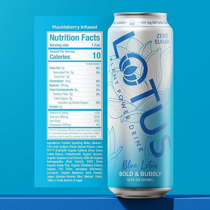 Blue Lotus Plant Power Drink™ | Sugar Free Low Calorie | 160 mg Natural Caffeine from Green Coffee Bean | Plant-Based Ingredients | Zero Sugar | 10 Calories | 12 oz Cans | 12 Count