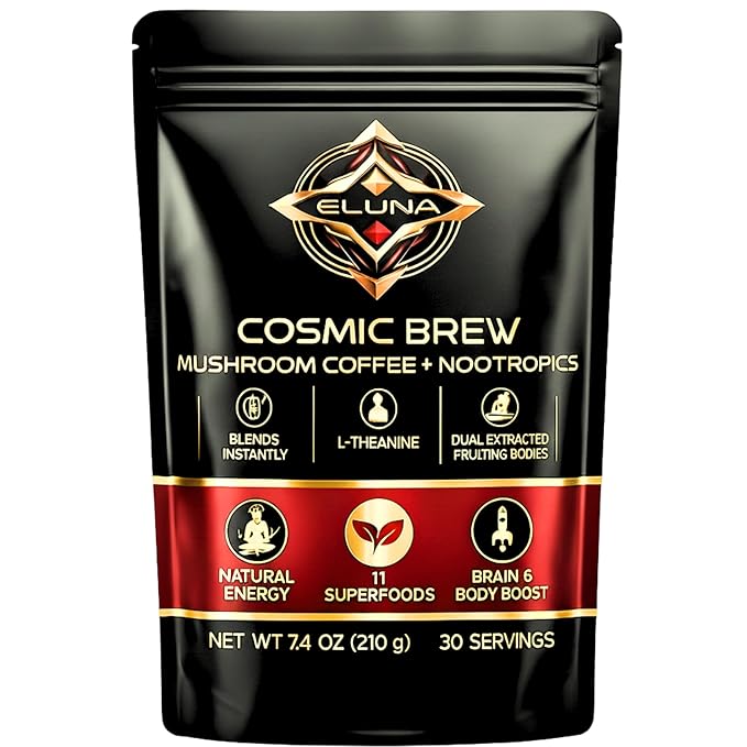 Eluna Mushroom Coffee – 7 Mushroom Blend with L-Theanine – Smooth Creamy Taste Calm Energy – Low Caffeine – 30 Servings