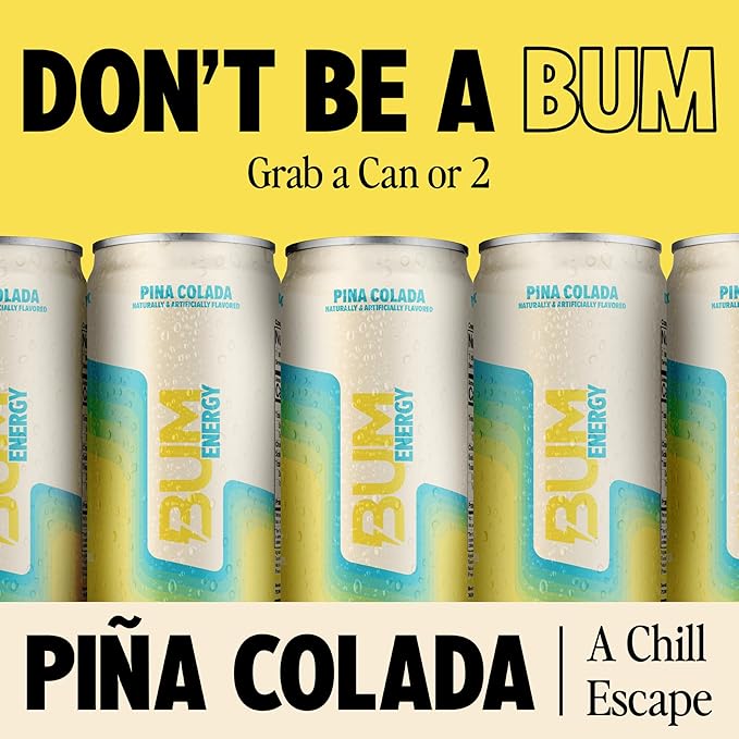 BUM Sugar-Free Energy Drink Pina Colada - Lightly Carbonated &amp No Artificial Colors Natural Caffeine &amp Citicoline for Energy &amp Focus Brain Boost &amp Workout Sports Beverage - 12 oz P