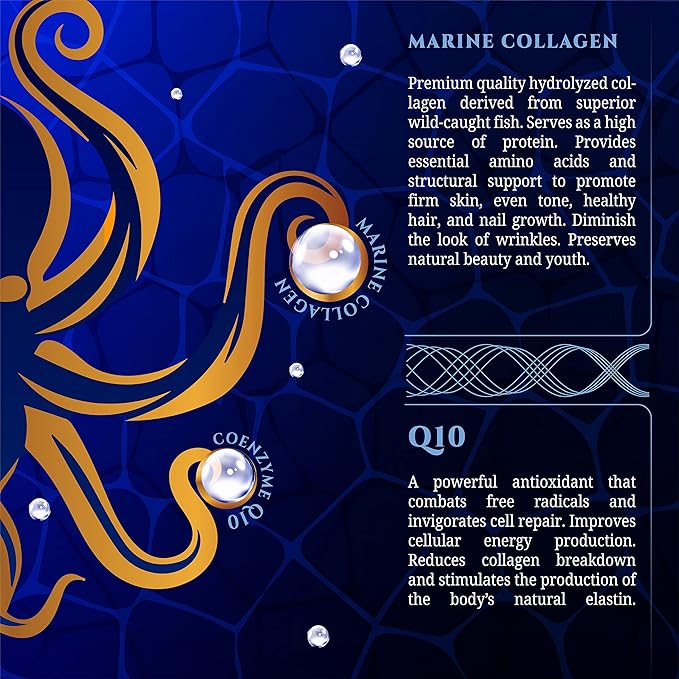 Marine Collagen Peptides Capsules with Hyaluronic Acid Coenzyme Q10 Vitamin C - Preserve Beauty and Youth - Promote Firm Skin Strong Nails&ampHair Healthy Joints 90 Capsules 1 Month Supply
