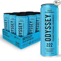 Odyssey Functional Energy Drink for Focus Cognition &amp Mood Support 12 Pack - Adaptogenic Drink with 222mg Green Tea Caffeine Lion’s Mane Cordyceps L-Theanine &amp Ginseng - Sparkling Blue Ras